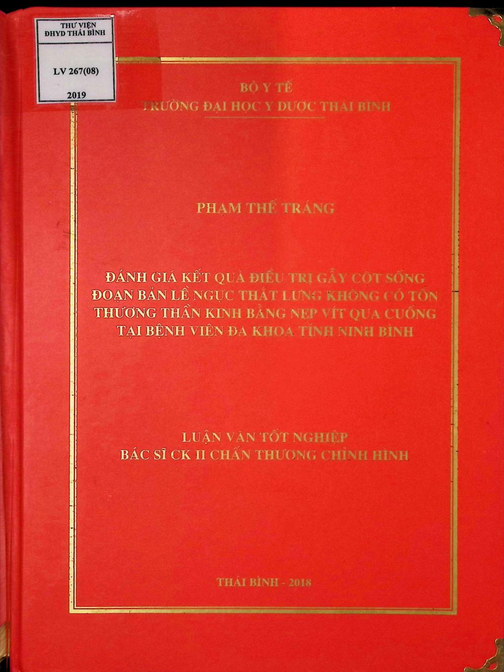 Đánh giá kết quả điều trị gãy cột sống đoạn bản lề ngực thắt lưng không có tổn thương thần kinh bằng nẹp vít qua cuống tại bệnh viện đa khoa tỉnh Ninh Bình